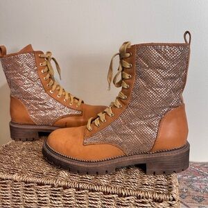 Bebe Tan Faux Leather Silver Rhinestone Bling LaceUp Military Style Boots